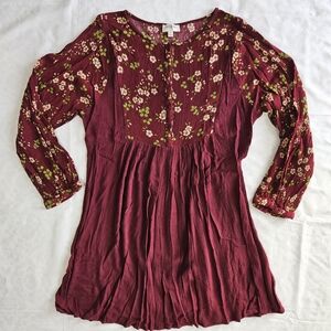 Umgee Womens L Burgundy Floral Mini Dress Tunic FLAWS